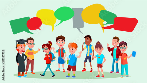Group Of Pupils Vector. School. Discussing. Brainstorming. Talking Communication. Mix Race. Chat Bubbles. Flat Cartoon Illustration