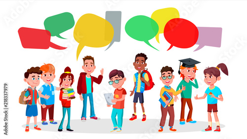 Group Of Pupils Vector. School. Social Network. Mix Race. Chat Bubbles. Discussing. Brainstorming. Talking Communication. Flat Cartoon Illustration