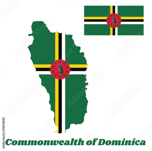 Map outline and flag of Dominica, A green field with the centred cross of yellow, black and white and red disk with Sisserou Parrot encircled by ten stars. with name text Commonwealth of Dominica. photo