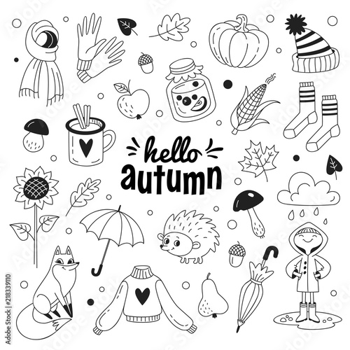 Hello autumn doodle collection. Vector illustration of outline nature and clothes icons, such as hat, gloves, scarf, umbrella, pumpkin, leaves, fruits, sunflower and corn. Isolated on white.