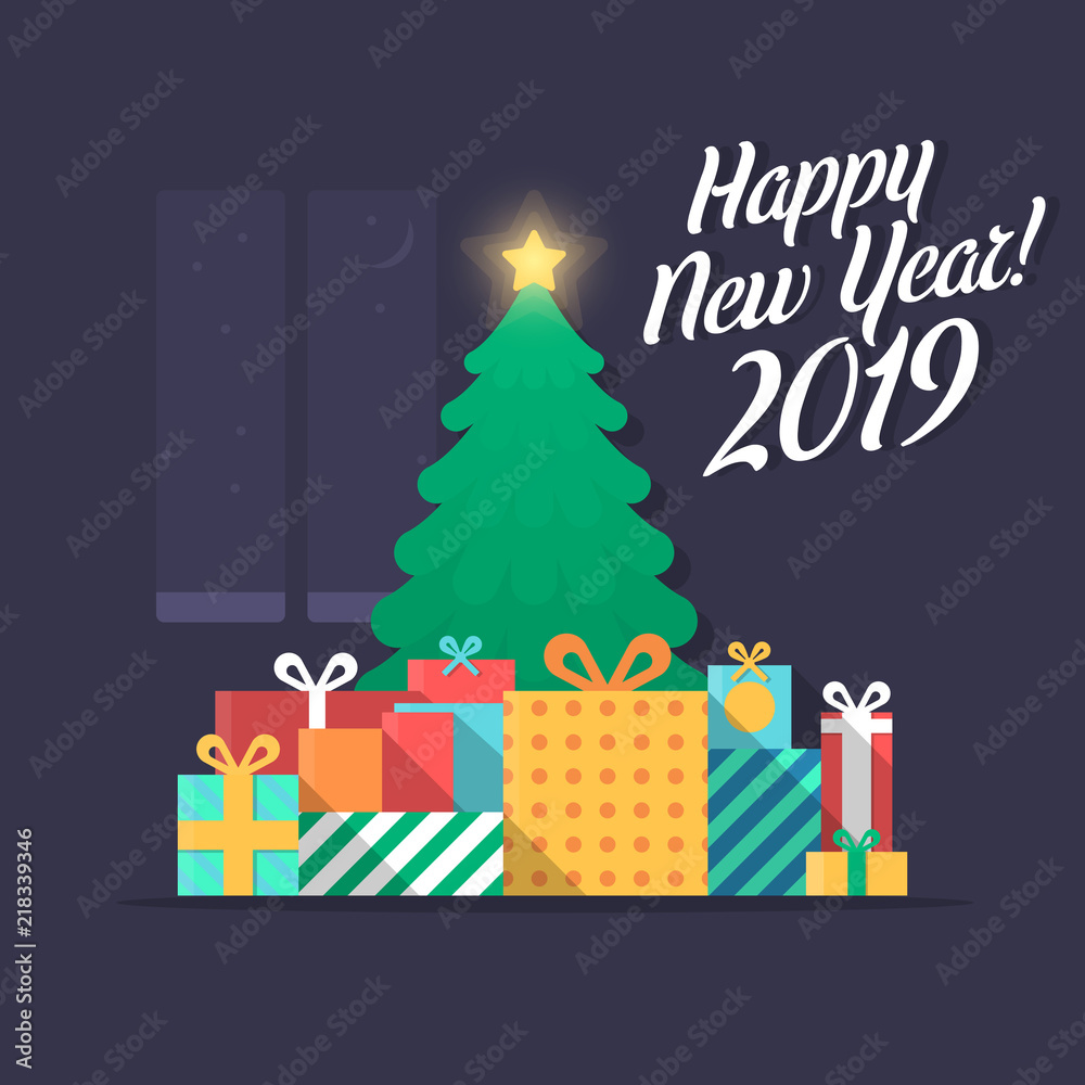 Happy New Year 2019 card with Christmas tree and gifts.