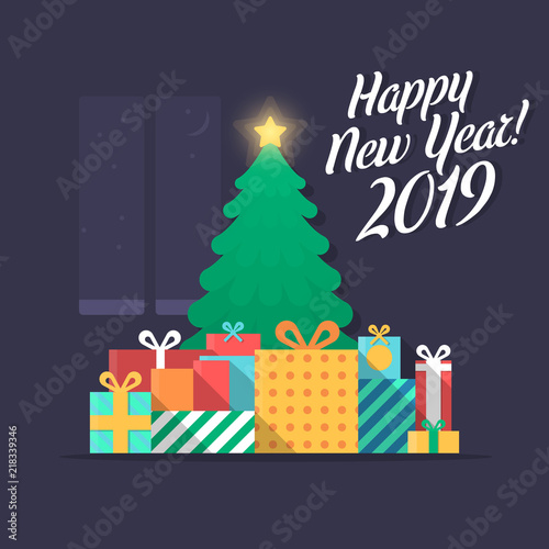 Happy New Year 2019 card with Christmas tree and gifts.