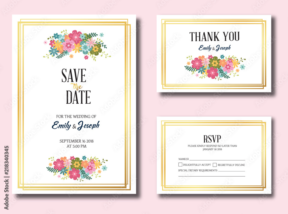 Vector template set. Wedding invitation, rsvp, thank you, save the date card design with elegant flowers