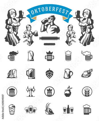 Oktoberfest celebration beer festival icons and objects set