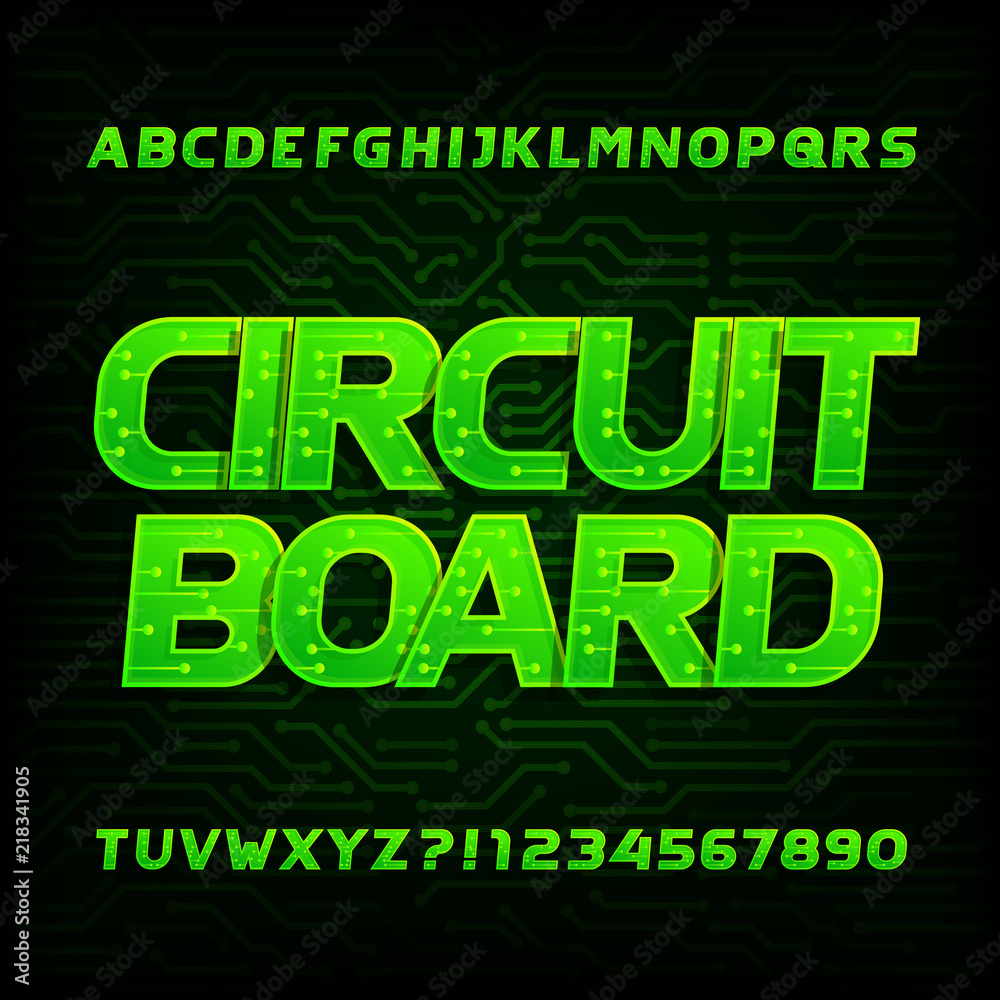Circuit board font. Vector Alphabet. Digital hitech style letters and