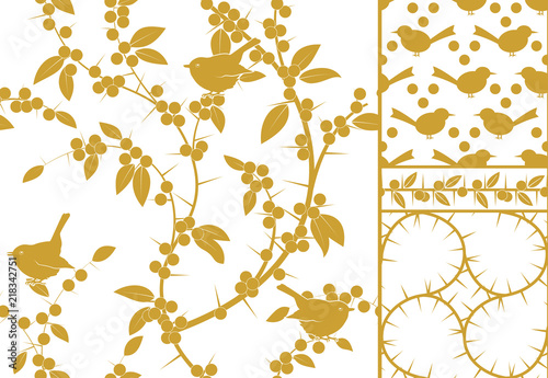Sloe and birds, a set of three golden seamless patterns and border. Vector stock illustration.