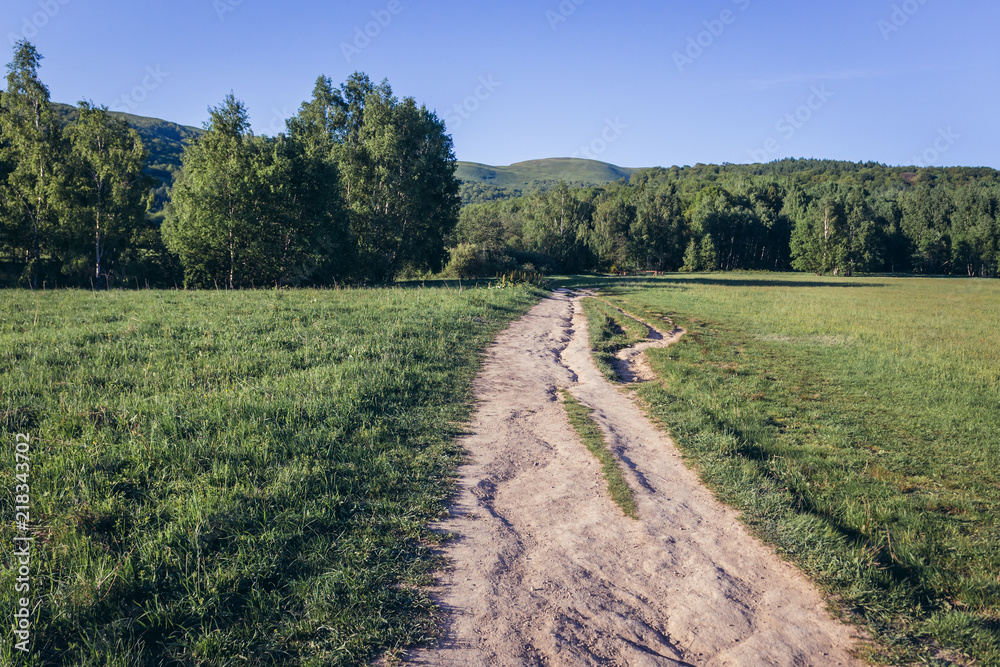 Country road in Wolosate, small settlement in Bieszczady National Park, Subcarpathian Voivodeship of Poland