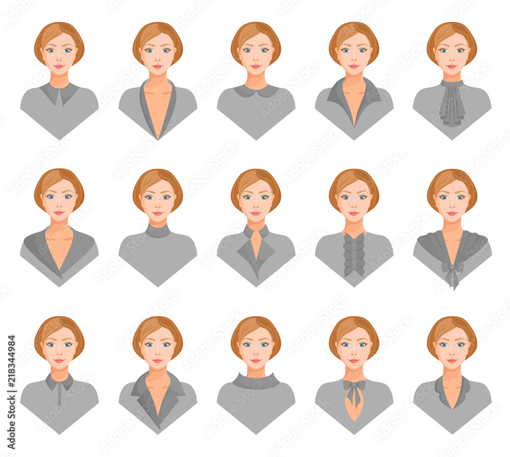 The image of a girl in clothes with different collars. Vector illustration. Form and design of collars. The image of a girl in clothes with different collars. Vector illustration. Form and design of collars.