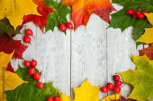 Autumn leaves frame on gray wooden background