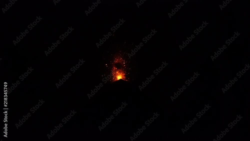 Fuego Volcano exploding eruption in Guatemala at night, Isolated