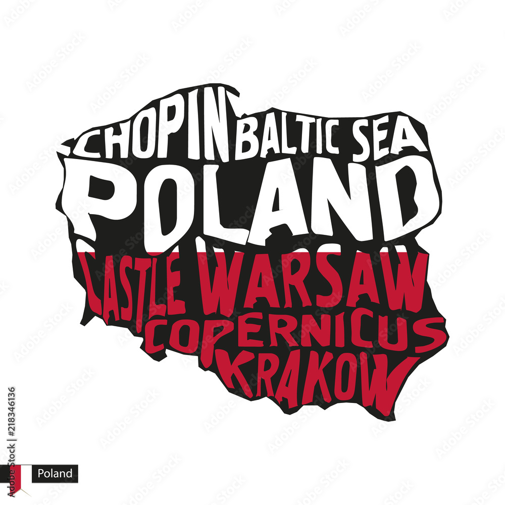 Obraz premium Typography map silhouette of Poland in black and flag colors.