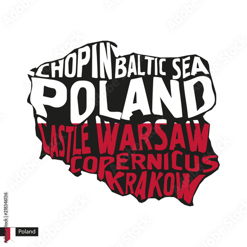 Typography map silhouette of Poland in black and flag colors.