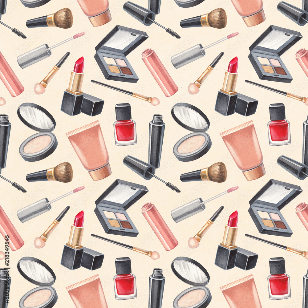 Illustrations of make up products. Hand drawn cosmetics set. Seamless pattern