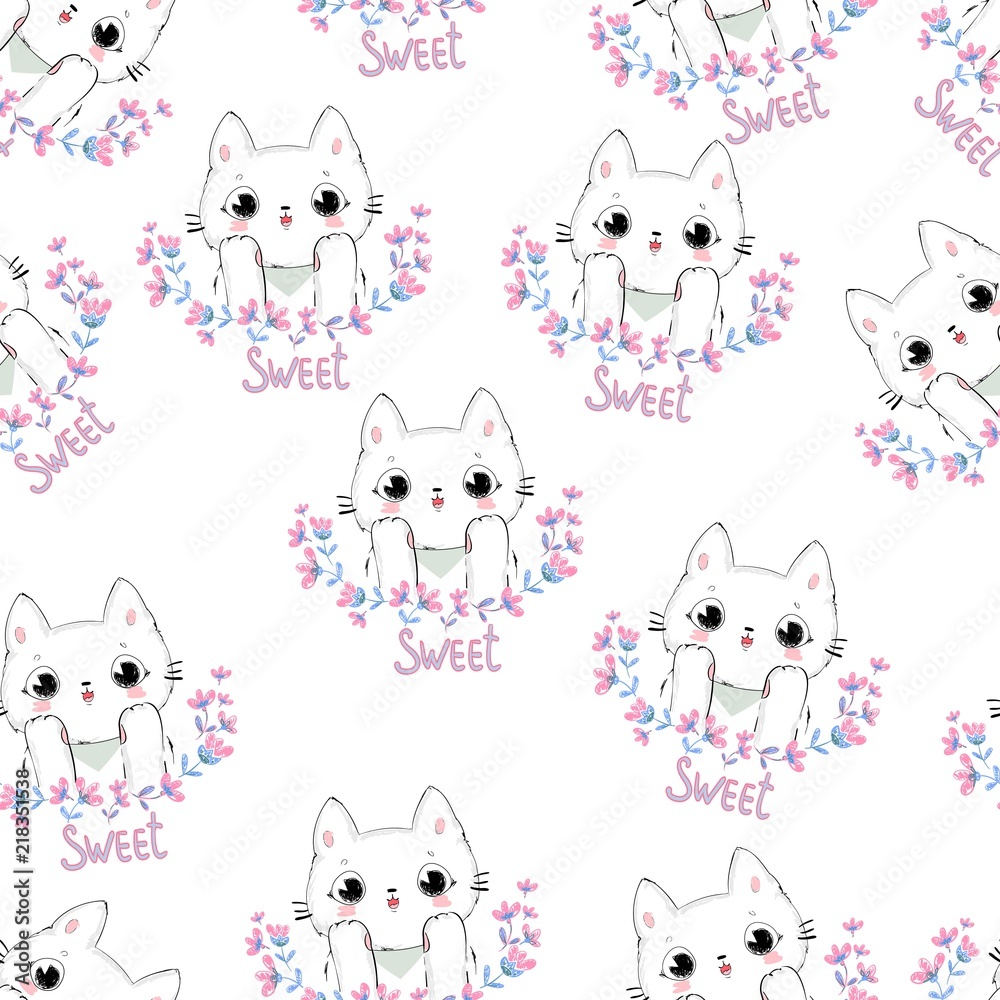 Hand Drawn cute cats pattern seamless background