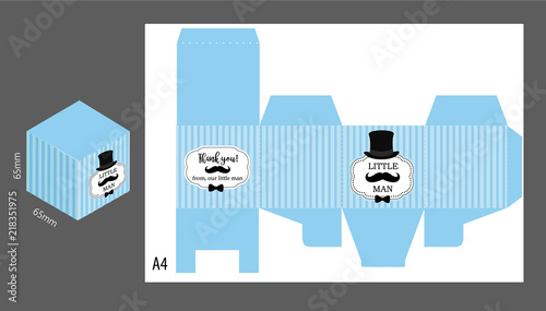 Little gentleman gift vector box. Light blue stripes background with black mustache, bowtie and hat. Template for themed birthday bash party. Classic pattern for dad and baby boy. Hipster style. DIY 