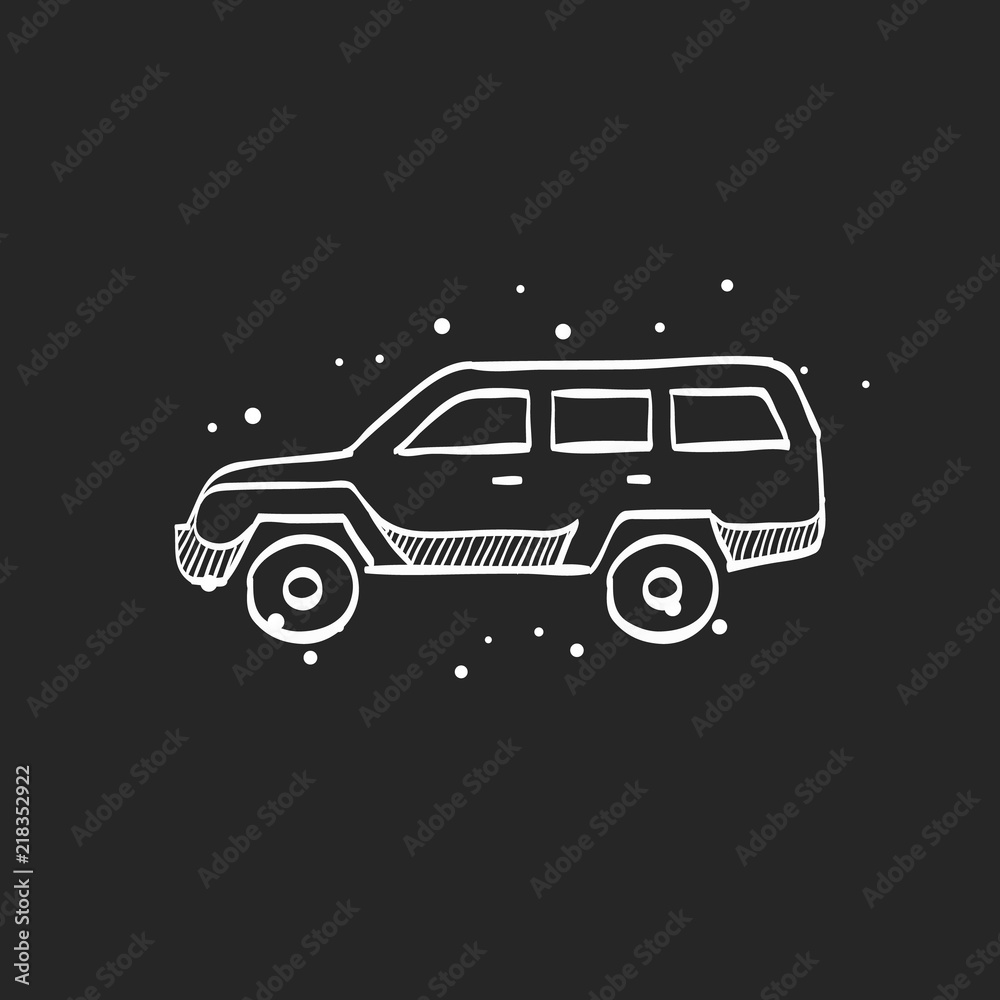 Military vehicle icon in doodle sketch lines. Offroad 4x4 war country road