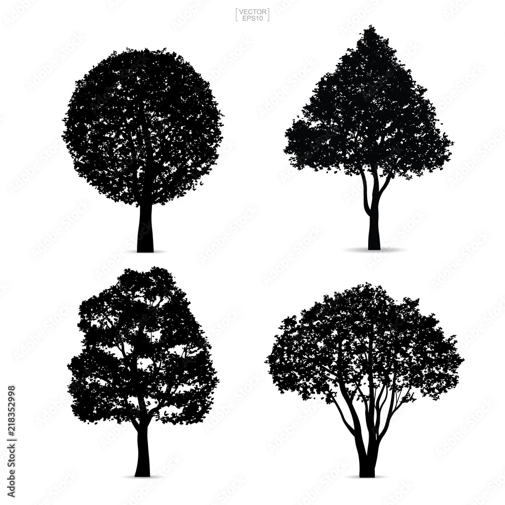 Set of tree silhouettes isolated on white background for landscape ...