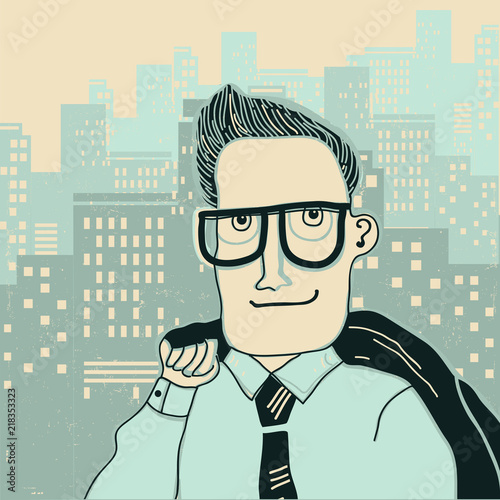 man in office clothes on the megapolis city background.Vector illustration