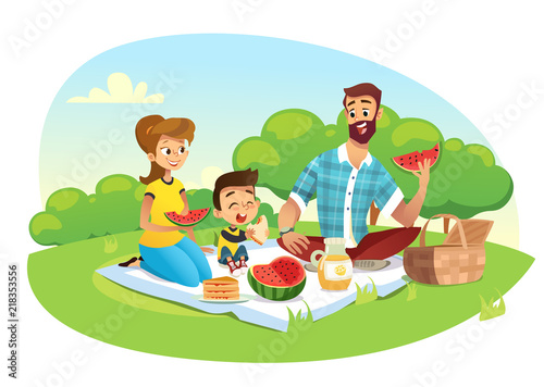 Happy family on a picnic. Dad, mom, son are resting in nature. Vector illustration in a flat style.