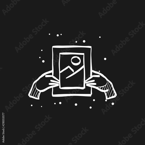 Hand holding painting icon in doodle sketch lines. Business concept auction bidding masterpiece artwork validate
