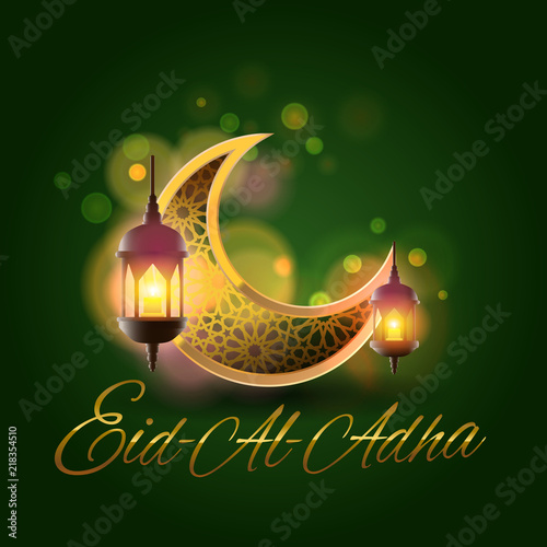 Vector illustration. Muslim holiday Eid al-Adha. Graphic design decoration kurban bayrami. month lamb and a lamp.Translation from Arabic: Eid al-Adha.