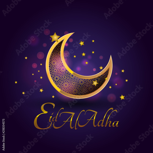 Vector illustration. Muslim holiday Eid al-Adha. Graphic design decoration kurban bayrami. month lamb and a lamp.Translation from Arabic: Eid al-Adha.