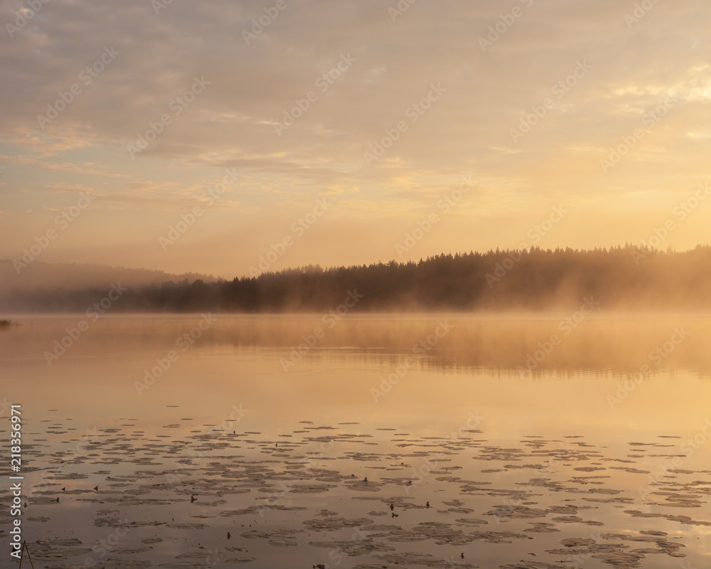 Golden sunrise at foggy serene lake
