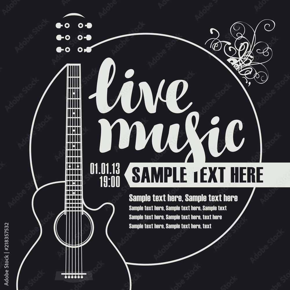 Vector music poster for festival or concert of live music with guitar and  place for text on the black background Stock Vector | Adobe Stock