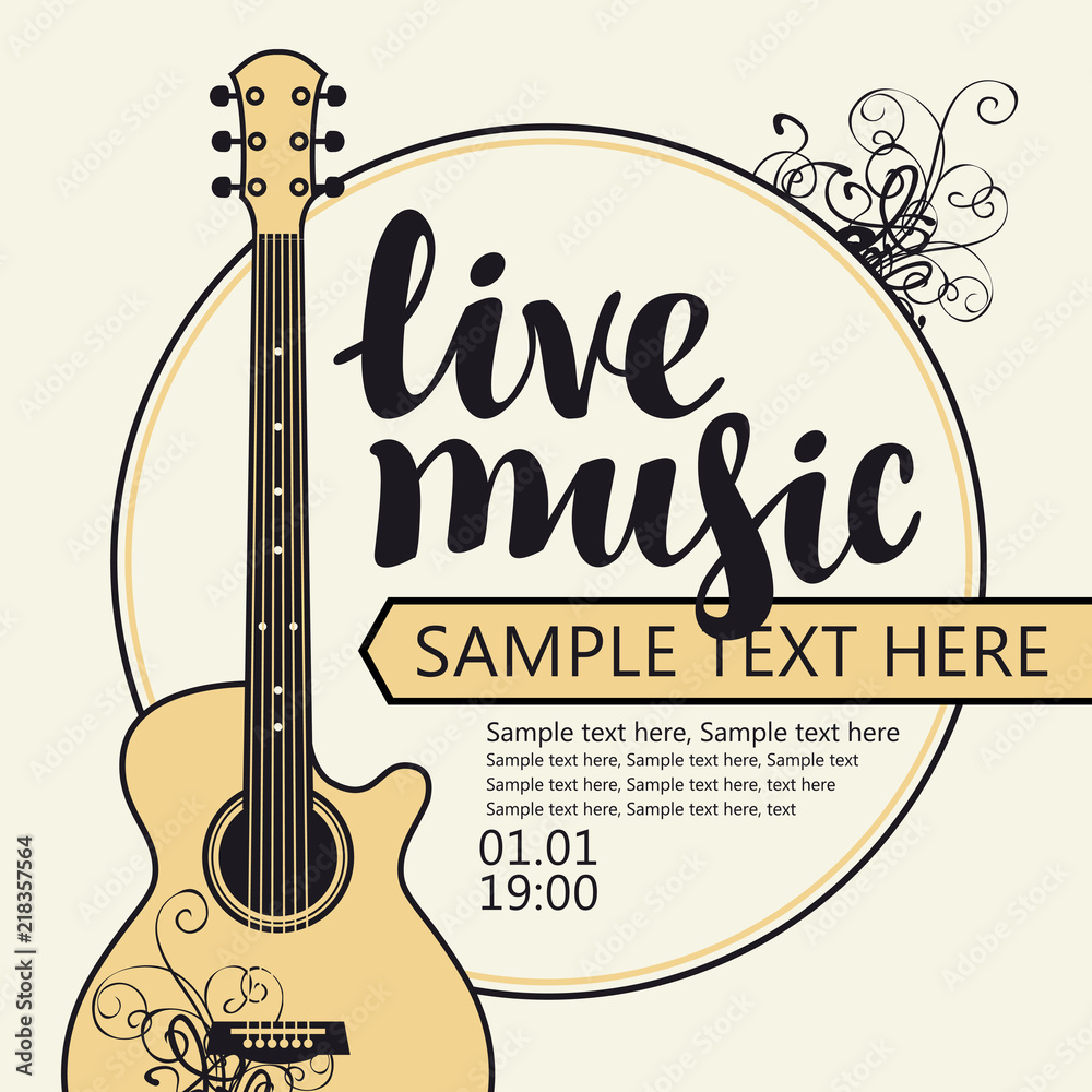 Vector music poster for festival or concert of live music with guitar and  place for text on the light background Stock Vector | Adobe Stock
