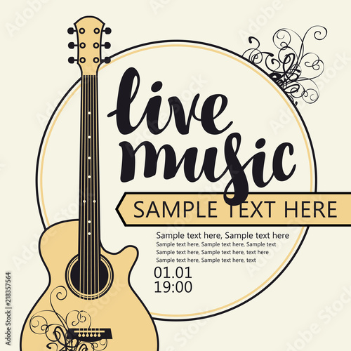 Vector music poster for festival or concert of live music with guitar and place for text on the light background