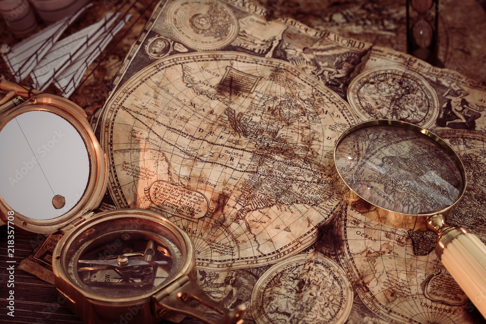 custom made wallpaper toronto digitalOld vintage maps and marine equipment like compass, magnifier or hourglass and ship. Columbus Day concept.