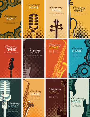 Vector set of twelve vertical business cards with musical instruments and other music equipment on bright colored backgrounds