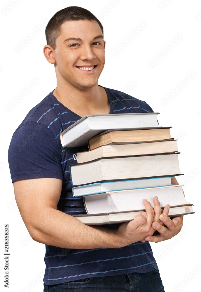 Happy Man Holding Stack of Books - Isolated Happy Man Holding Stack of Books - Isolated