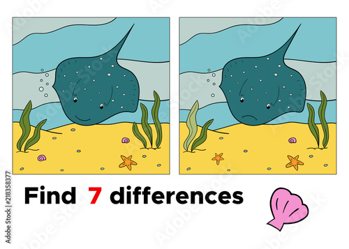 Find differences. Educational game for children. Cartoon cramp fish. Underwater world. Vector illustration. photo