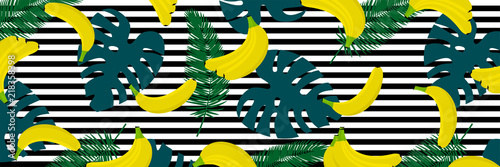 Banana with tropical lief background. Seamless pattern with tropical palm leaves and bananas