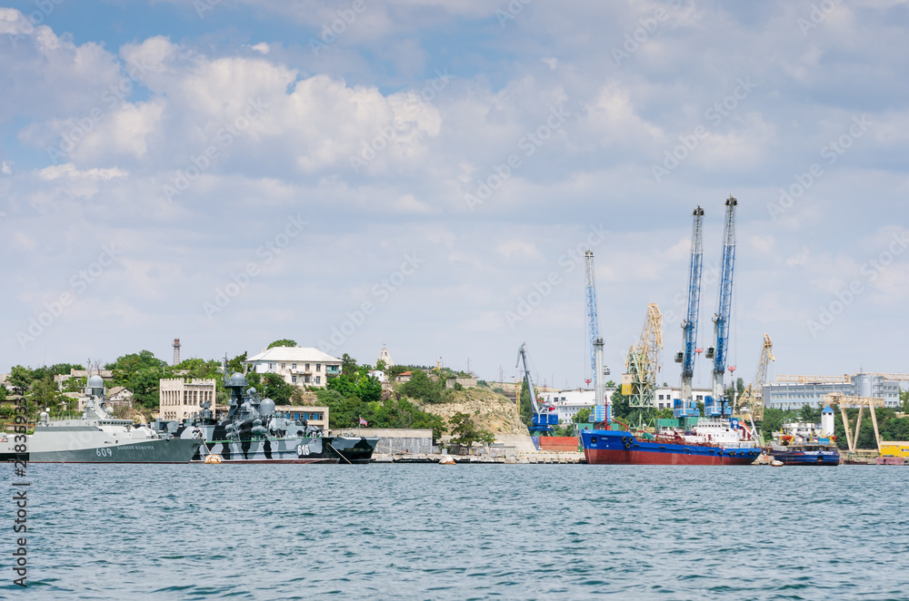 Russia, the Crimea peninsula, the city of Sevastopol, 06/10/2018: Military and civil ships in the Sevastopol Bay