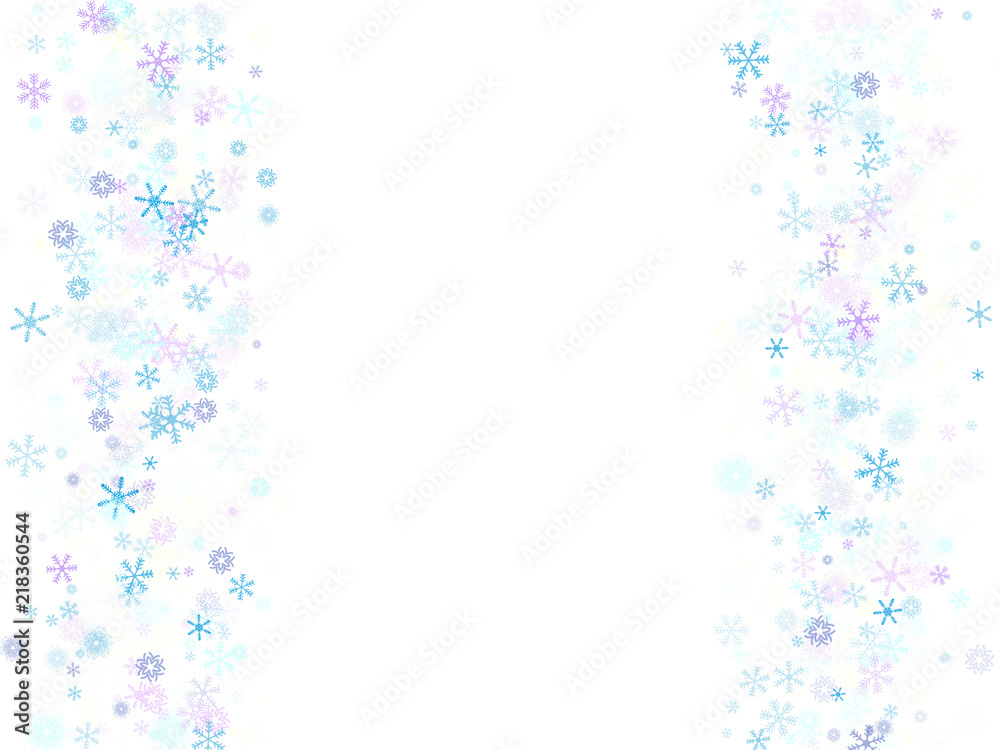 Falling down snow confetti, snowflake vector border. Festive winter, Christmas, New Year sale background. Cold weather, winter storm, scatter texture. Hipster snowfall falling snowflakes cool confetti
