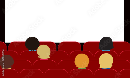 People - men, women and children sitting in movie theater on red seats and watching blank white projection screen with space for your text - flat design