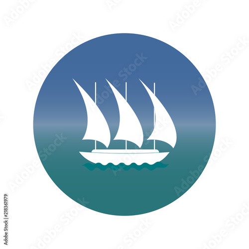 Yacht vector icon on waves, white and blue