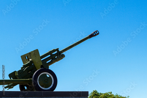 artillery cannon of the great Patriotic war stands against the blue sky
