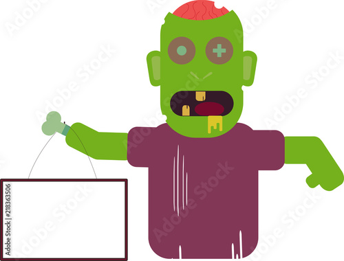 Cartoon zombie holding blank sihnboard. Flat vector illustration
