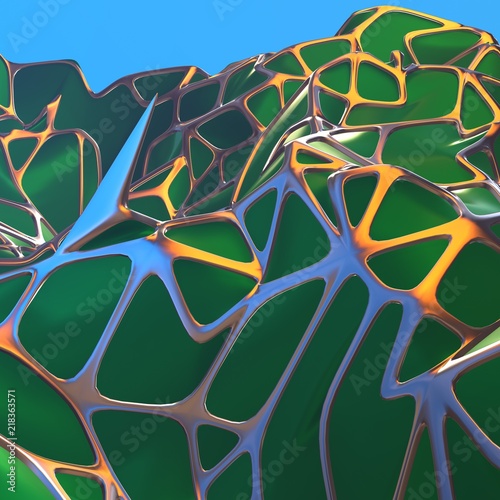 Abstract 3d rendering of chaotic green landscape structure with golden frame. Futuristic shape in empty space