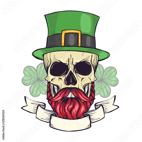 Color handdrawn skull of leprechaun