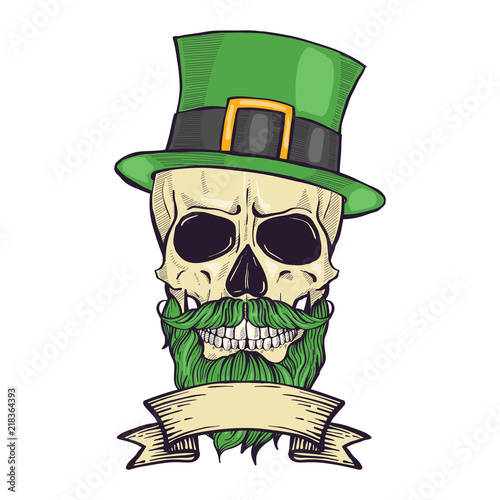 Color handdrawn skull of leprechaun