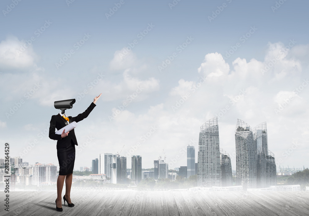Concept of security and privacy protection with camera headed woman Concept of security and privacy protection with camera headed woman