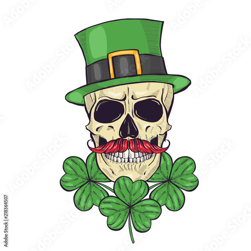 Color handdrawn skull of leprechaun