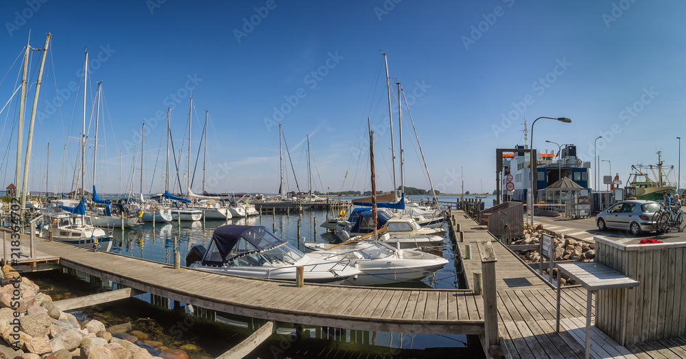 Snaptun harbor with ferry to Endelave in Jutland