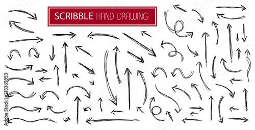 Big set black scribble arrows icons in hand drawn style. Doodle arrow sketch sign and set of hand drawn. Vector illustration on white background © Nessa