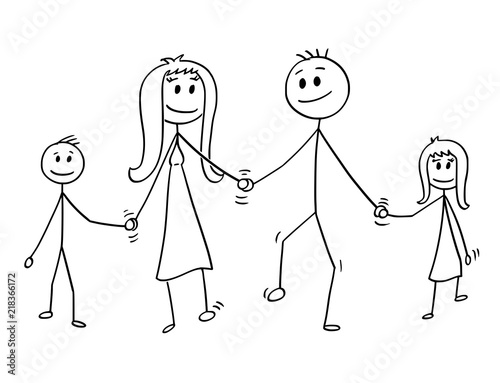 Cartoon stick drawing conceptual illustration of family. Parents, man and woman and two children, boy and girl are walking while holding hands.