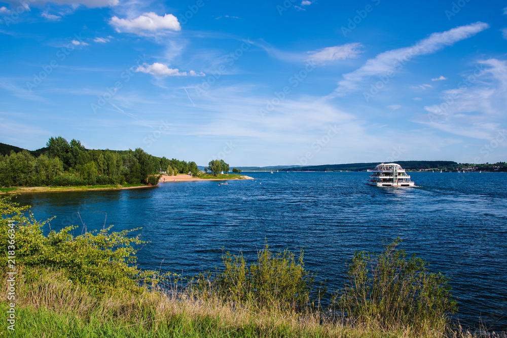 View of a ferry Großer Brombachsee Lake in Germany on a sunny day.